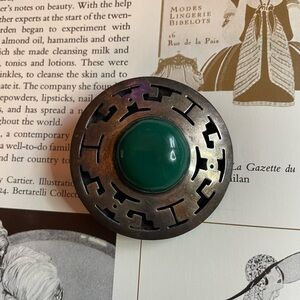 Amazing Vintage Mexican Sterling Silver Green Onyx Brooch Pendant